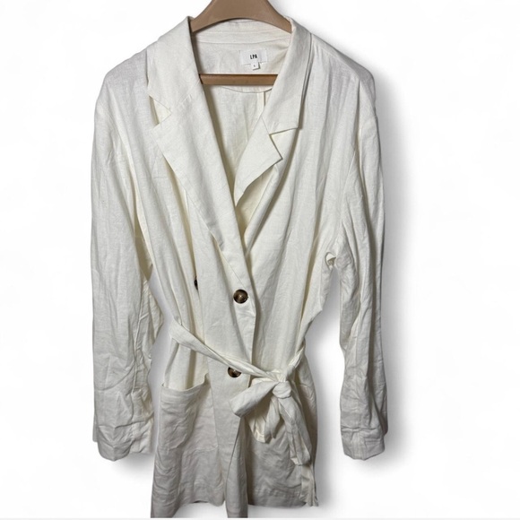 LPA Ivory Lightweight Belted Blazer Dress Jacket Size L Long Sleeve Linen Look - Picture 3 of 4